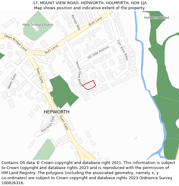 17, MOUNT VIEW ROAD, HEPWORTH, HOLMFIRTH, HD9 1JA: Location map and indicative extent of plot