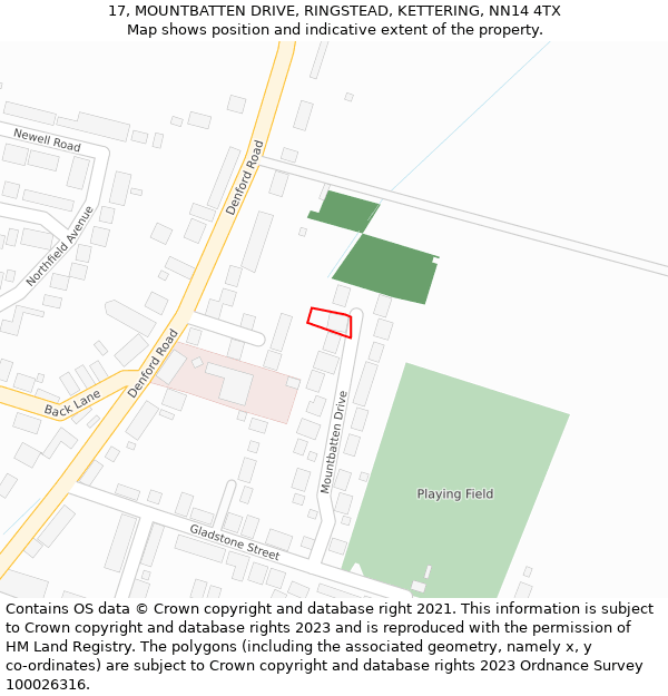 17, MOUNTBATTEN DRIVE, RINGSTEAD, KETTERING, NN14 4TX: Location map and indicative extent of plot