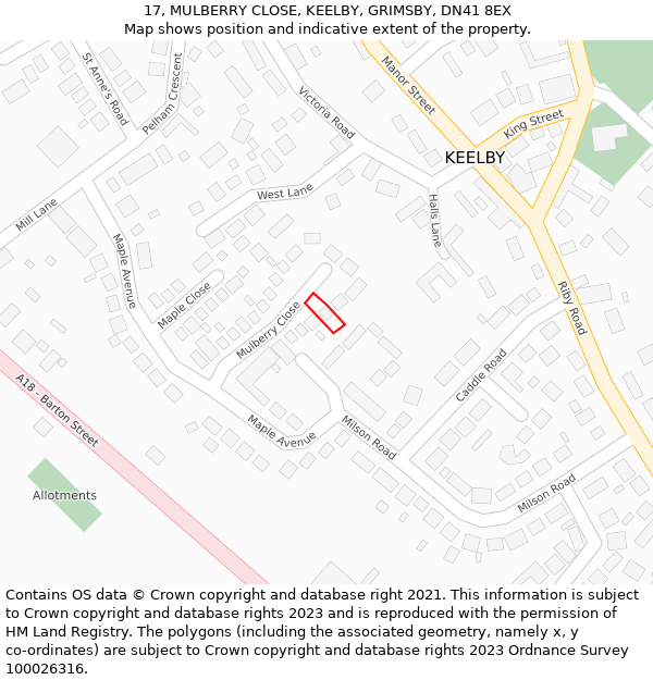 17, MULBERRY CLOSE, KEELBY, GRIMSBY, DN41 8EX: Location map and indicative extent of plot