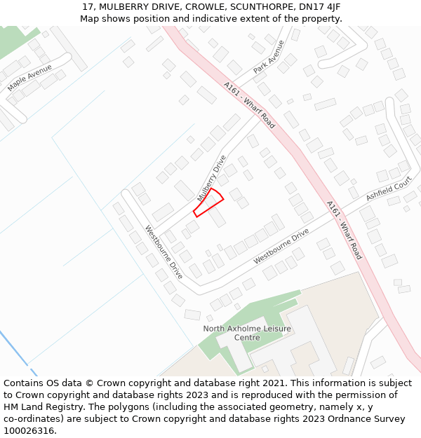 17, MULBERRY DRIVE, CROWLE, SCUNTHORPE, DN17 4JF: Location map and indicative extent of plot