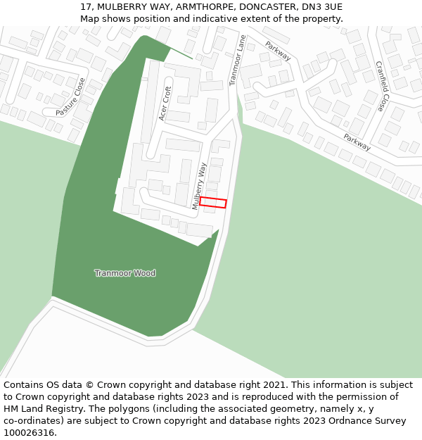 17, MULBERRY WAY, ARMTHORPE, DONCASTER, DN3 3UE: Location map and indicative extent of plot