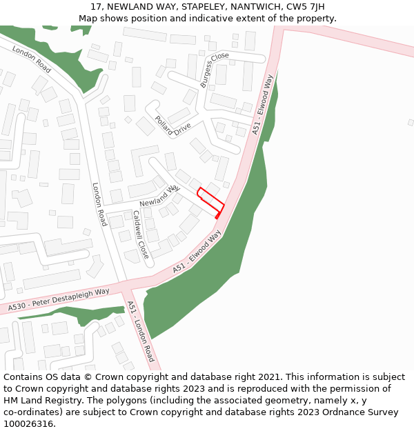 17, NEWLAND WAY, STAPELEY, NANTWICH, CW5 7JH: Location map and indicative extent of plot