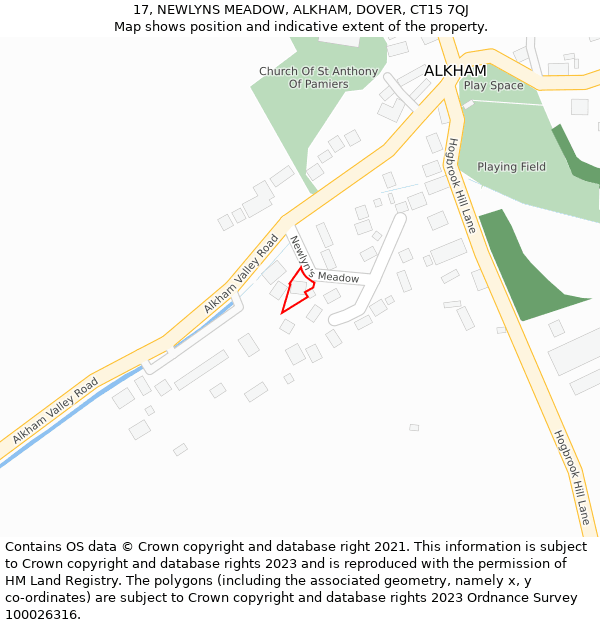 17, NEWLYNS MEADOW, ALKHAM, DOVER, CT15 7QJ: Location map and indicative extent of plot