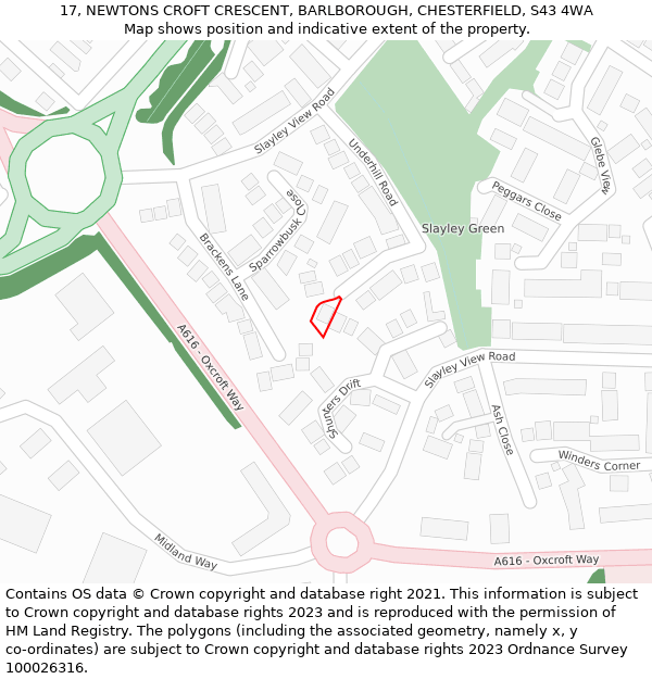 17, NEWTONS CROFT CRESCENT, BARLBOROUGH, CHESTERFIELD, S43 4WA: Location map and indicative extent of plot