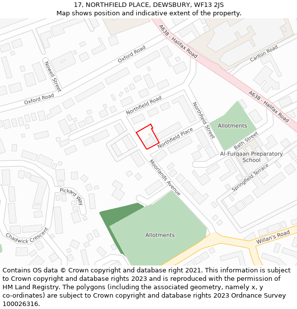 17, NORTHFIELD PLACE, DEWSBURY, WF13 2JS: Location map and indicative extent of plot