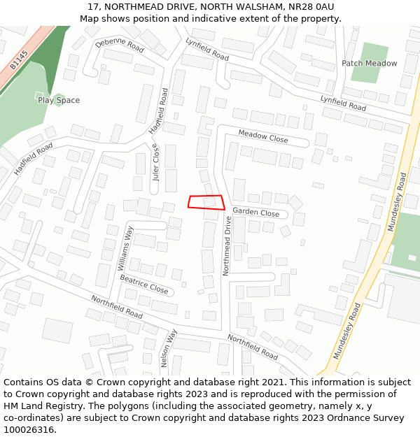 17, NORTHMEAD DRIVE, NORTH WALSHAM, NR28 0AU: Location map and indicative extent of plot