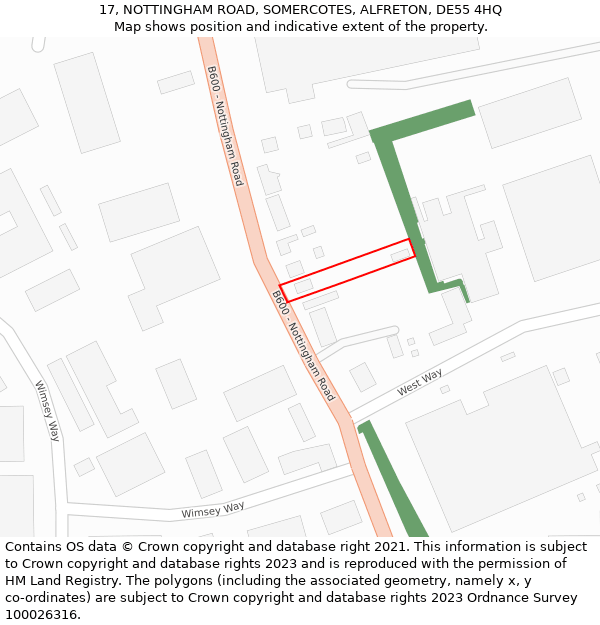 17, NOTTINGHAM ROAD, SOMERCOTES, ALFRETON, DE55 4HQ: Location map and indicative extent of plot