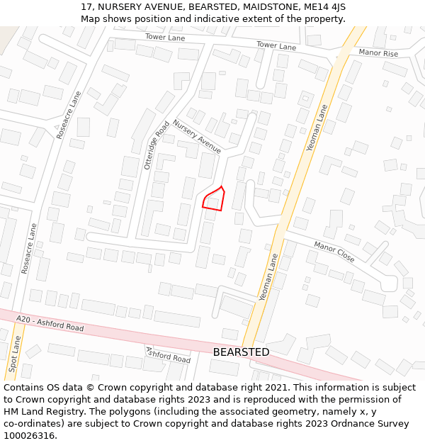 17, NURSERY AVENUE, BEARSTED, MAIDSTONE, ME14 4JS: Location map and indicative extent of plot