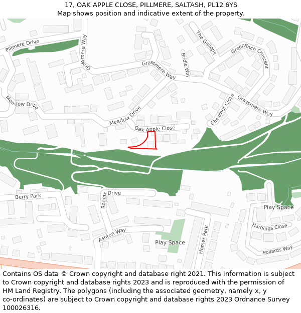 17, OAK APPLE CLOSE, PILLMERE, SALTASH, PL12 6YS: Location map and indicative extent of plot