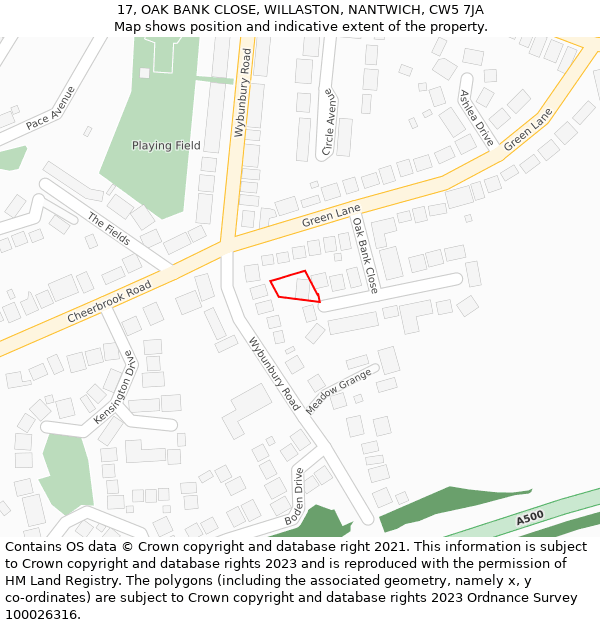 17, OAK BANK CLOSE, WILLASTON, NANTWICH, CW5 7JA: Location map and indicative extent of plot