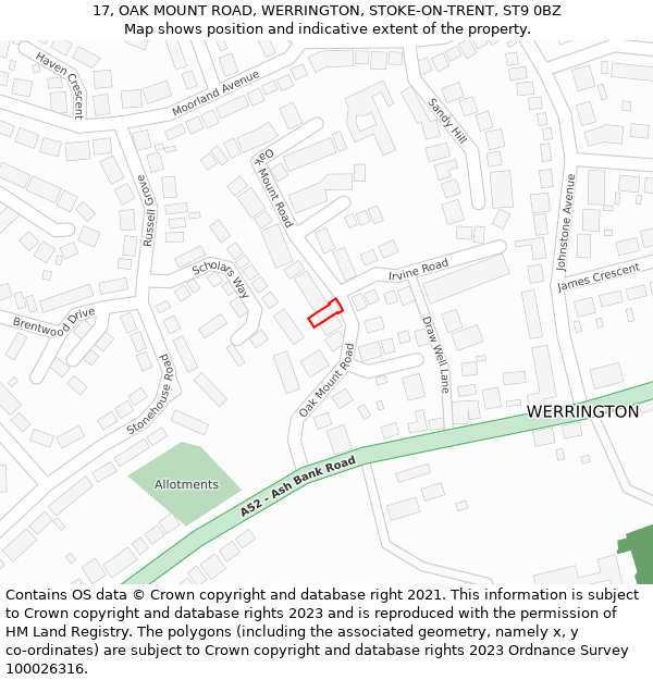 17, OAK MOUNT ROAD, WERRINGTON, STOKE-ON-TRENT, ST9 0BZ: Location map and indicative extent of plot