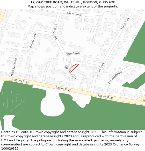17, OAK TREE ROAD, WHITEHILL, BORDON, GU35 9DF: Location map and indicative extent of plot