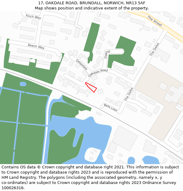 17, OAKDALE ROAD, BRUNDALL, NORWICH, NR13 5AF: Location map and indicative extent of plot