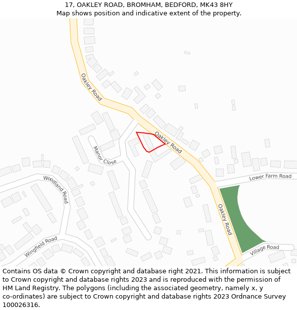 17, OAKLEY ROAD, BROMHAM, BEDFORD, MK43 8HY: Location map and indicative extent of plot