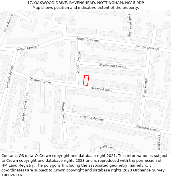 17, OAKWOOD DRIVE, RAVENSHEAD, NOTTINGHAM, NG15 9DP: Location map and indicative extent of plot