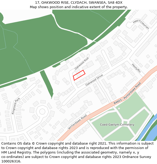 17, OAKWOOD RISE, CLYDACH, SWANSEA, SA8 4DX: Location map and indicative extent of plot