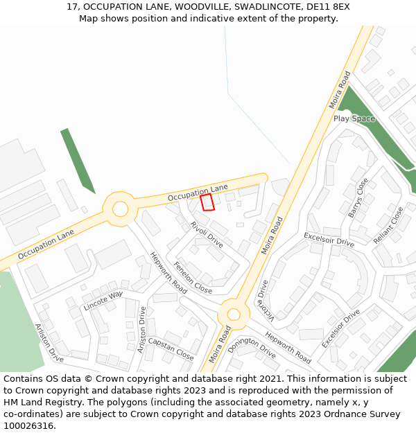 17, OCCUPATION LANE, WOODVILLE, SWADLINCOTE, DE11 8EX: Location map and indicative extent of plot