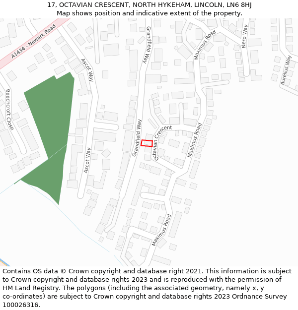 17, OCTAVIAN CRESCENT, NORTH HYKEHAM, LINCOLN, LN6 8HJ: Location map and indicative extent of plot