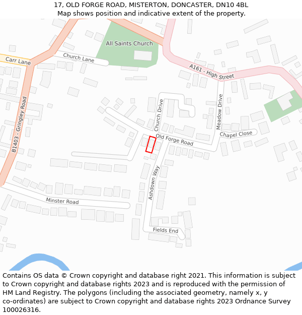17, OLD FORGE ROAD, MISTERTON, DONCASTER, DN10 4BL: Location map and indicative extent of plot