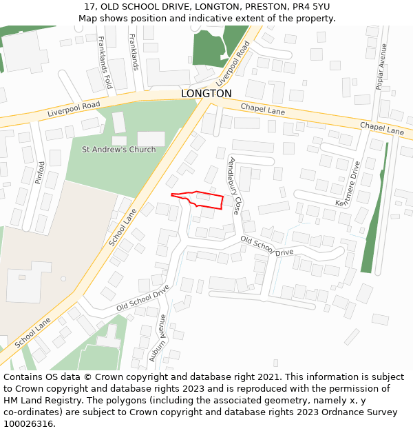 17, OLD SCHOOL DRIVE, LONGTON, PRESTON, PR4 5YU: Location map and indicative extent of plot