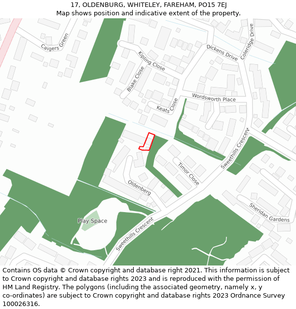17, OLDENBURG, WHITELEY, FAREHAM, PO15 7EJ: Location map and indicative extent of plot