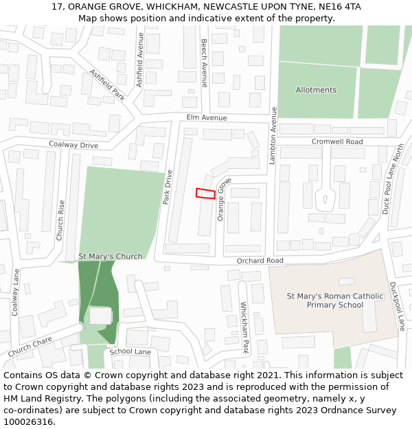 17, ORANGE GROVE, WHICKHAM, NEWCASTLE UPON TYNE, NE16 4TA: Location map and indicative extent of plot