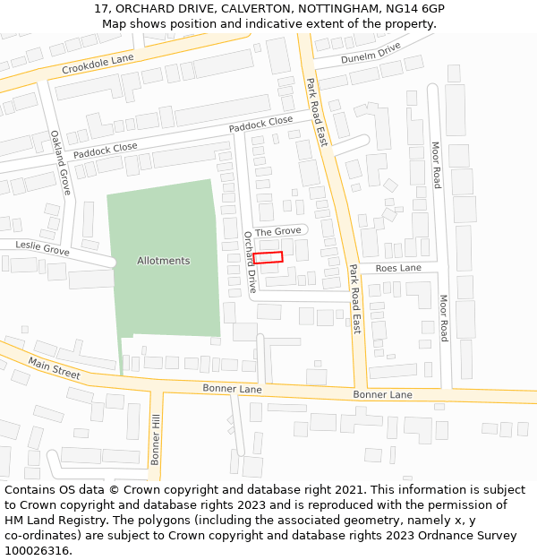 17, ORCHARD DRIVE, CALVERTON, NOTTINGHAM, NG14 6GP: Location map and indicative extent of plot