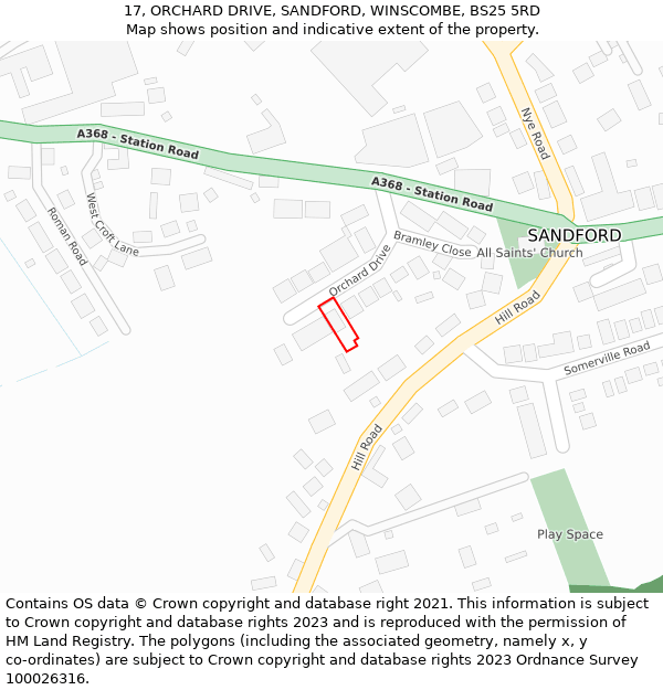 17, ORCHARD DRIVE, SANDFORD, WINSCOMBE, BS25 5RD: Location map and indicative extent of plot