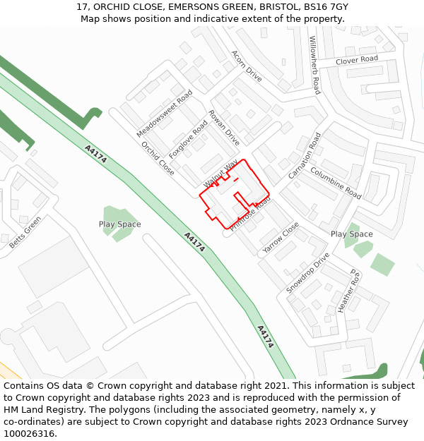 17, ORCHID CLOSE, EMERSONS GREEN, BRISTOL, BS16 7GY: Location map and indicative extent of plot