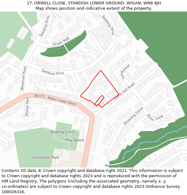 17, ORWELL CLOSE, STANDISH LOWER GROUND, WIGAN, WN6 8JH: Location map and indicative extent of plot