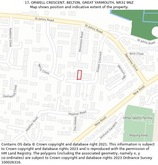 17, ORWELL CRESCENT, BELTON, GREAT YARMOUTH, NR31 9NZ: Location map and indicative extent of plot