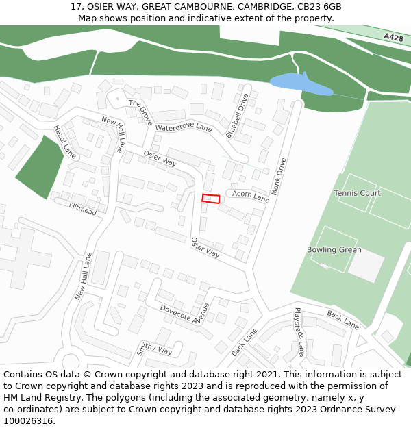 17, OSIER WAY, GREAT CAMBOURNE, CAMBRIDGE, CB23 6GB: Location map and indicative extent of plot