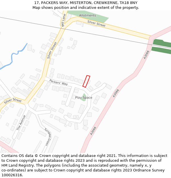 17, PACKERS WAY, MISTERTON, CREWKERNE, TA18 8NY: Location map and indicative extent of plot