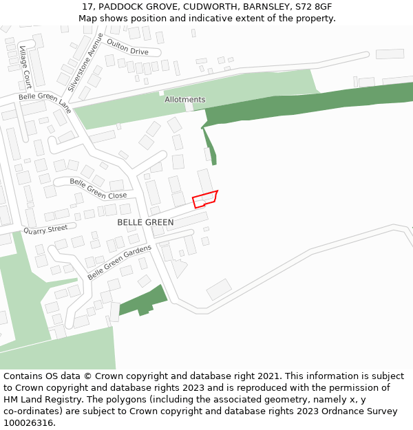 17, PADDOCK GROVE, CUDWORTH, BARNSLEY, S72 8GF: Location map and indicative extent of plot