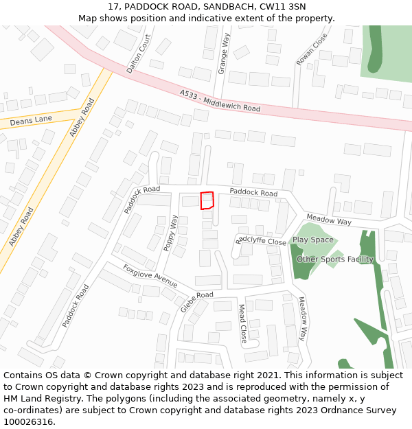 17, PADDOCK ROAD, SANDBACH, CW11 3SN: Location map and indicative extent of plot