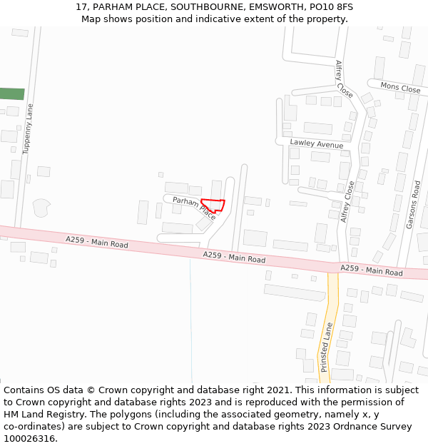 17, PARHAM PLACE, SOUTHBOURNE, EMSWORTH, PO10 8FS: Location map and indicative extent of plot