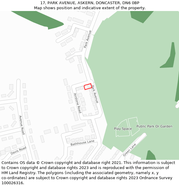 17, PARK AVENUE, ASKERN, DONCASTER, DN6 0BP: Location map and indicative extent of plot