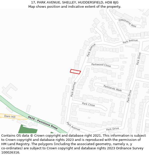 17, PARK AVENUE, SHELLEY, HUDDERSFIELD, HD8 8JG: Location map and indicative extent of plot