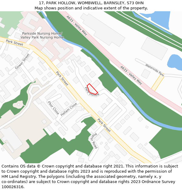 17, PARK HOLLOW, WOMBWELL, BARNSLEY, S73 0HN: Location map and indicative extent of plot