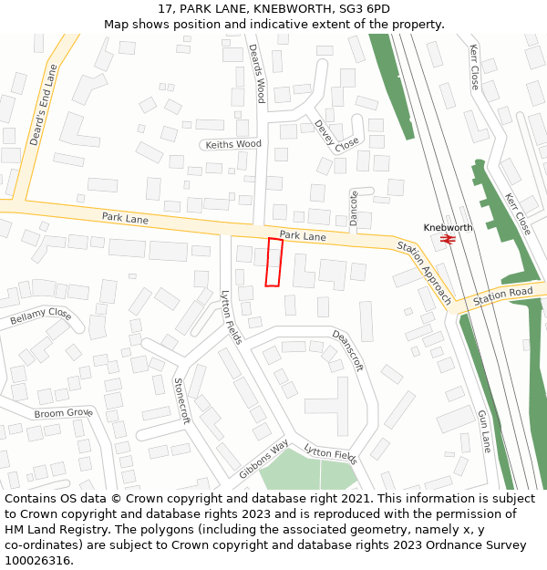 17, PARK LANE, KNEBWORTH, SG3 6PD: Location map and indicative extent of plot