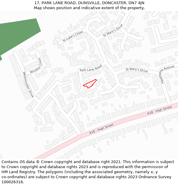 17, PARK LANE ROAD, DUNSVILLE, DONCASTER, DN7 4JN: Location map and indicative extent of plot