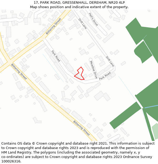17, PARK ROAD, GRESSENHALL, DEREHAM, NR20 4LP: Location map and indicative extent of plot
