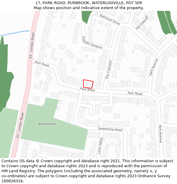 17, PARK ROAD, PURBROOK, WATERLOOVILLE, PO7 5ER: Location map and indicative extent of plot