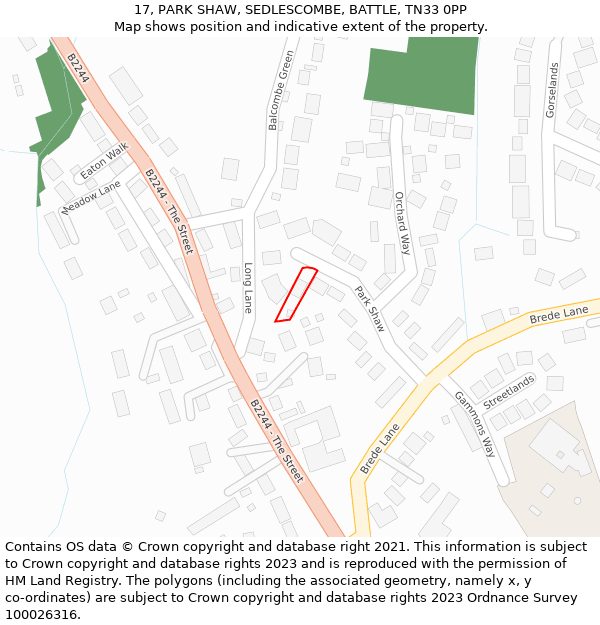 17, PARK SHAW, SEDLESCOMBE, BATTLE, TN33 0PP: Location map and indicative extent of plot