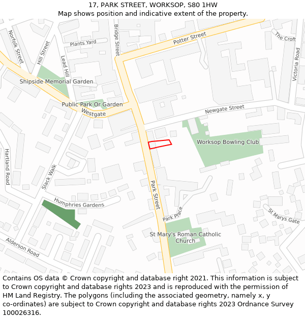 17, PARK STREET, WORKSOP, S80 1HW: Location map and indicative extent of plot