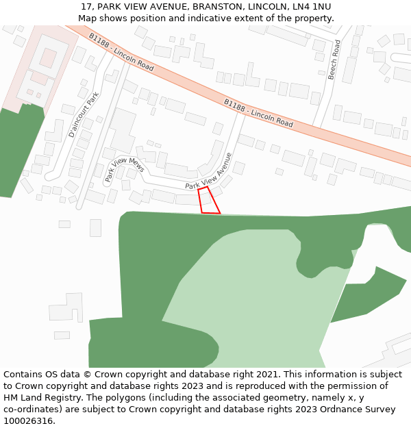 17, PARK VIEW AVENUE, BRANSTON, LINCOLN, LN4 1NU: Location map and indicative extent of plot