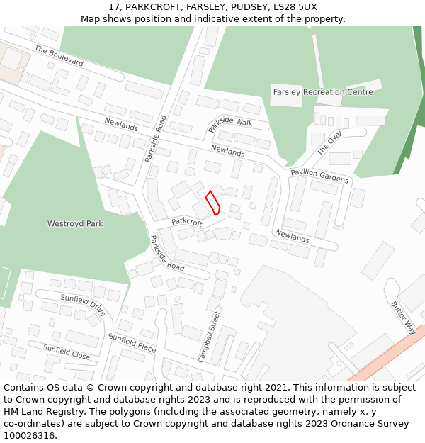 17, PARKCROFT, FARSLEY, PUDSEY, LS28 5UX: Location map and indicative extent of plot