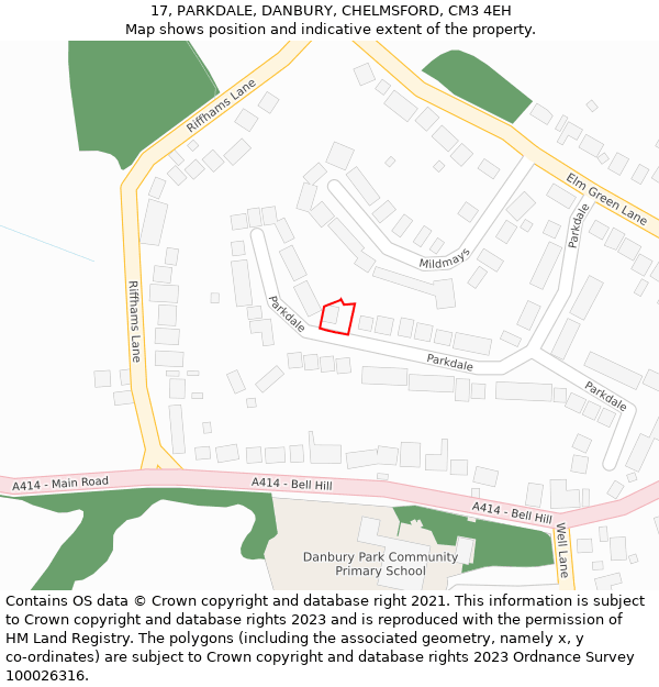 17, PARKDALE, DANBURY, CHELMSFORD, CM3 4EH: Location map and indicative extent of plot