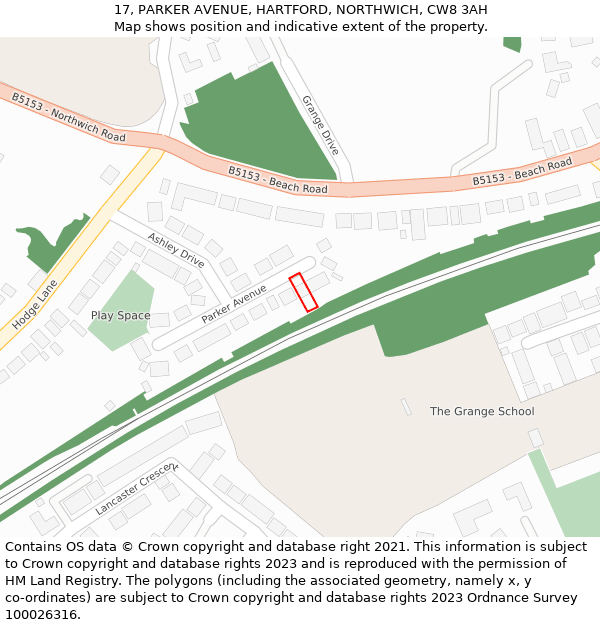 17, PARKER AVENUE, HARTFORD, NORTHWICH, CW8 3AH: Location map and indicative extent of plot