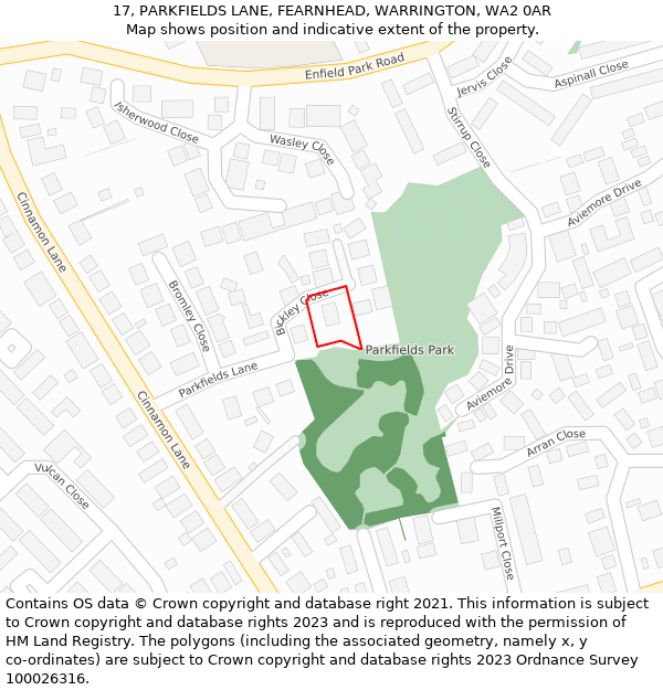 17, PARKFIELDS LANE, FEARNHEAD, WARRINGTON, WA2 0AR: Location map and indicative extent of plot